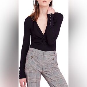 Free People All Types of Twisted Top in black cropped long sleeve plunge neck XS